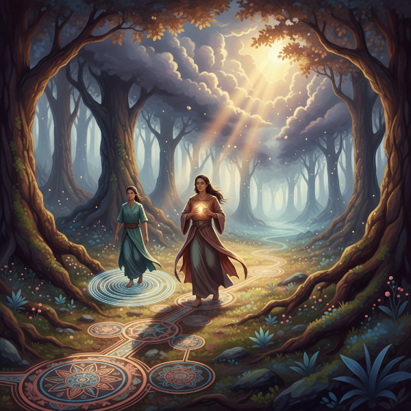 감정 지능(EQ)을 상징하는 숲속 길에서 내면의 나침반을 따라 걷는 사람, 감정의 폭풍을 헤쳐나가고 타인의 발소리를 듣는 모습을 표현한 마법 같은 풍경.