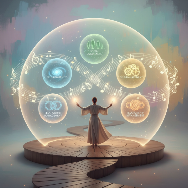 감정 지능 테스트를 상징하는 이미지로, 일상의 무대 위에서 네 가지 감정 능력의 조화를 빛나는 구체와 음표 같은 파동으로 표현한 평화로운 장면입니다.