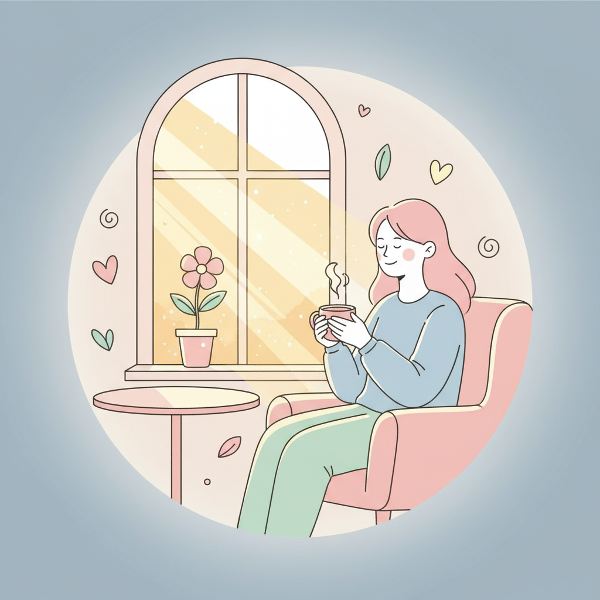 일상의 작은 행복을 발견하는 감성적인 일러스트로, 따뜻한 분위기와 미니멀한 디자인이 특징입니다.