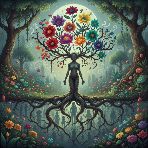 가족 정원에서 뿌리(가족 환경)와 꽃과 가시(강점과 상처)로 자라나는 개인의 상징적 일러스트입니다.