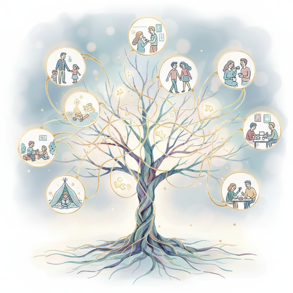 가족에서 배운 관계의 패턴이 성인이 되어 다른 관계에 어떻게 영향을 미치는지를 상징적으로 표현한 이미지입니다.