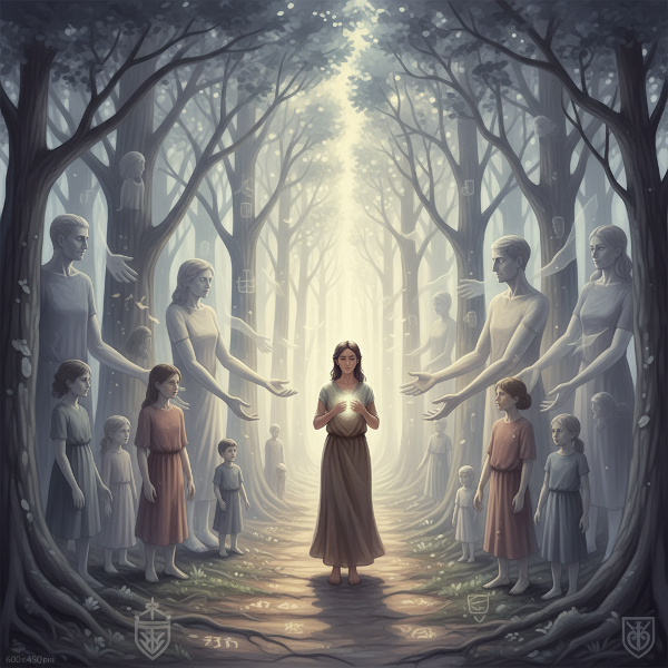 반투명한 가족의 형상들이 숲 속에 서 있는 한 사람을 둘러싸고 있으며, 과거의 영향이 현재의 길을 어떻게 형성하는지 상징적으로 표현한 이미지입니다.