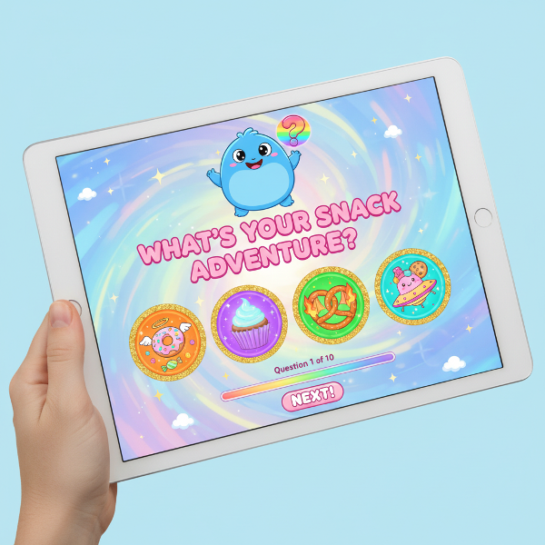 판타지 세계의 간식으로 분류되는 재미있는 온라인 테스트를 보여주는 화면으로, 밝고 유쾌한 분위기의 일러스트 이미지입니다.