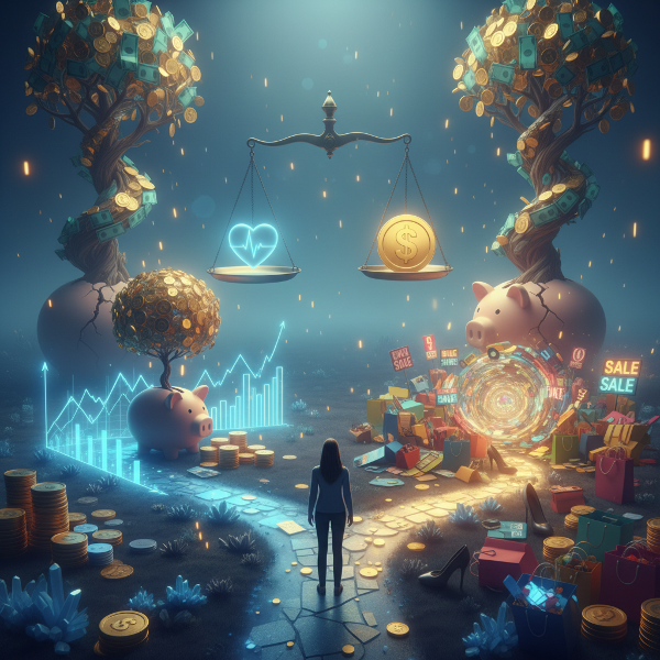 금융 심리 유형을 탐색하는 심리 테스트를 상징하는 이미지로, 돈과 관련된 신념과 행동 패턴을 시각적으로 표현한 초현실적 장면입니다.