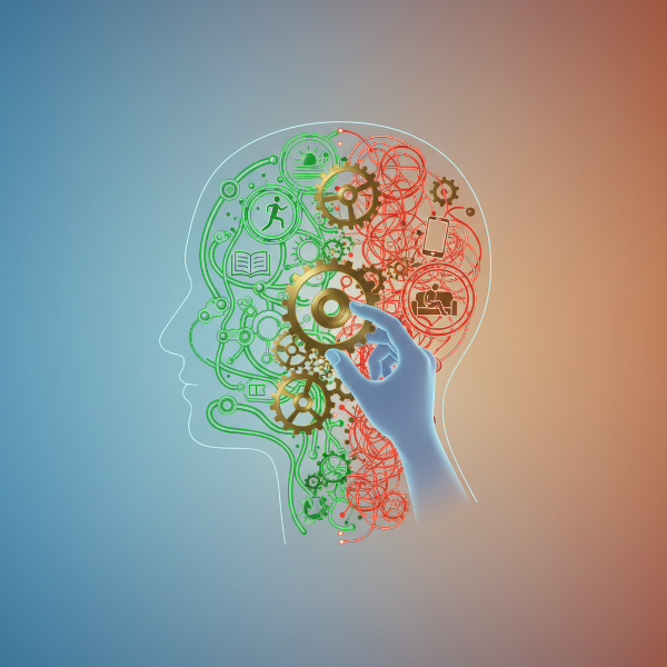 습관의 자동적 패턴과 의식적인 변화를 상징적으로 표현한 개념 이미지입니다.