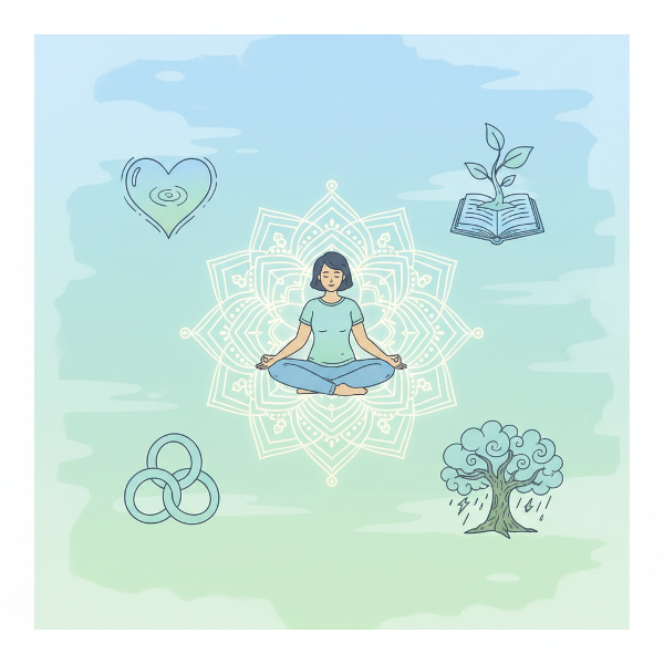 조화로운 만다라 중심에 명상하는 사람을 배치하고, 정서적 안정, 심리적 성장, 사회적 관계, 회복탄력성을 상징하는 아이콘으로 둘러싸여 있으며, 전체적으로 평화롭고 균형 잡힌 웰빙의 분위기를 표현한 일러스트입니다.