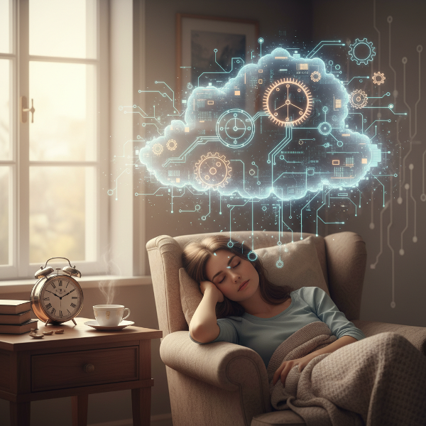 아침에 눈을 뜨는 순간부터 밤에 잠들 때까지의 무의식적 습관과 자동화된 행동 패턴을 상징적으로 표현한 이미지입니다.