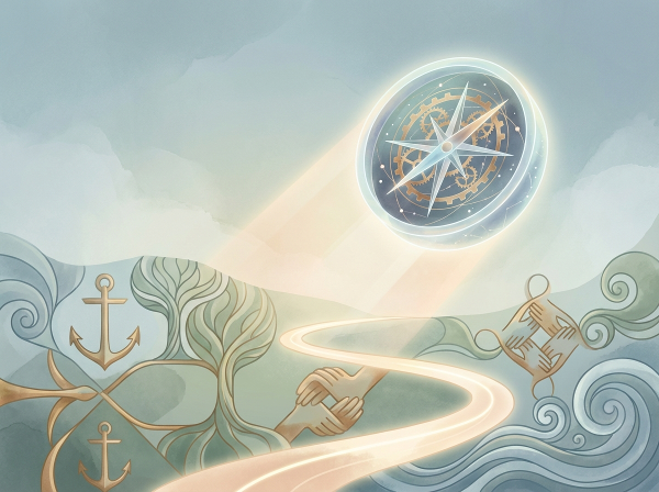 내면의 나침반이 다양한 삶의 가치를 비추는 평화롭고 추상적인 일러스트입니다.