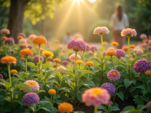 자존감을 마음속 정원에 비유한 이미지로, 자기 수용, 자존심, 자기 효능감을 상징하는 세 가지 꽃과 잡초처럼 보이는 부정적 믿음이 함께 자라고 있는 평화롭고 성장하는 풍경을 묘사합니다.