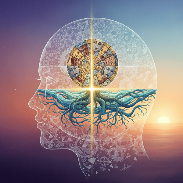 의식과 무의식, 사회적 역할이 투명한 층위로 드러나는 초현실적이고 내면적인 일러스트입니다. 빛과 그림자가 조화를 이루며 정체성의 다층적 탐색을 상징적으로 표현했습니다.