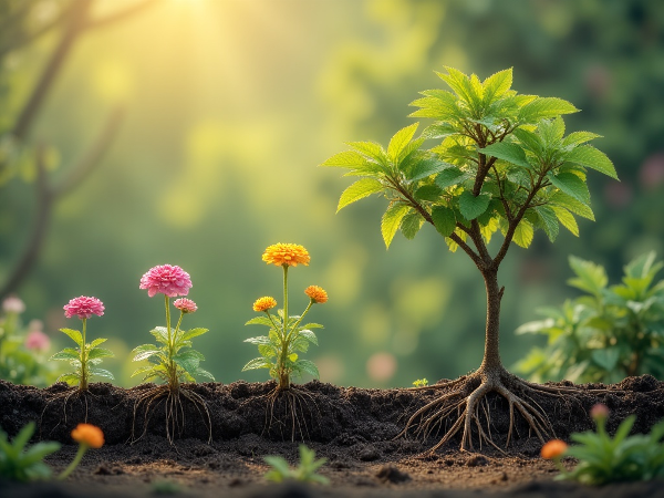 정서적 균형, 심리적 활력, 사회적 연결의 세 영역과 회복탄력성을 상징하는 조화로운 정원 이미지입니다.