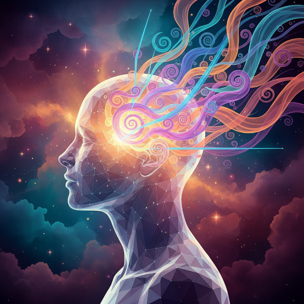 내면 세계의 다양한 생각과 감정의 흐름을 상징적으로 표현한 추상 일러스트입니다.