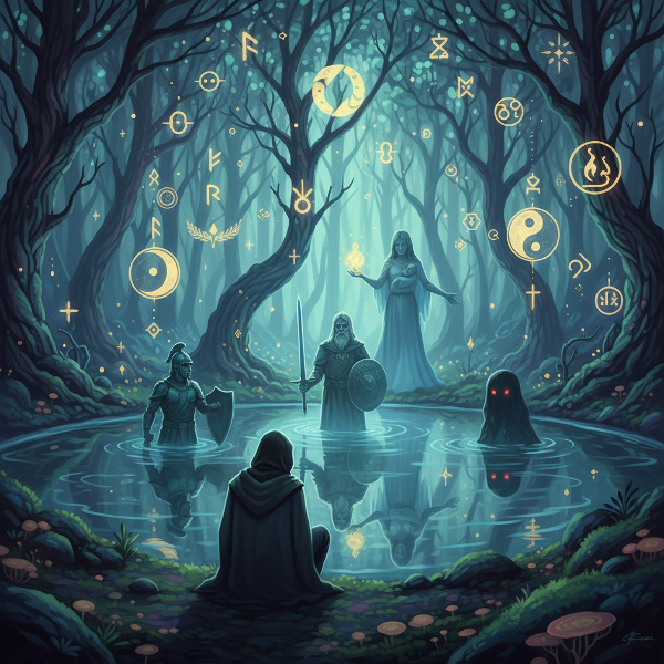 칼 융의 분석 심리학을 바탕으로 한 원형 탐색 심리 테스트를 상징하는 신비로운 이미지입니다. 반영된 수면에서 영웅, 현자, 어머니, 그림자 등 다양한 원형이 나타나고, 주변에는 고대 문양과 상징이 떠다니며 내면 탐구와 자아 통합의 분위기를 자아냅니다.