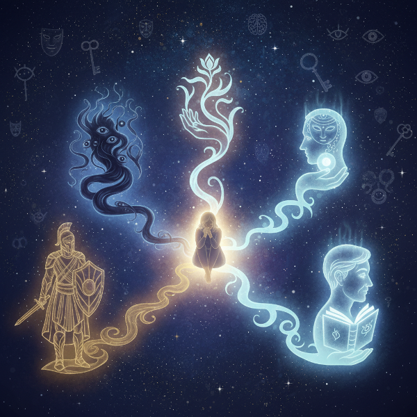 칼 융의 원형 테스트를 상징하는 이미지로, 내면의 다양한 원형들이 빛나는 길로 표현되어 있으며, 중심 인물이 깊은 성찰 속에 서 있는 신비로운 분위기를 담았습니다.