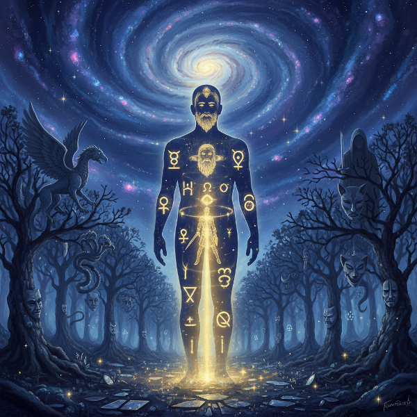 융의 원형을 상징하는 신화적 이미지와 우주적 풍경이 어우러진, 무의식의 세계로 들어가는 내적 여정을 표현한 초현실적 이미지입니다.