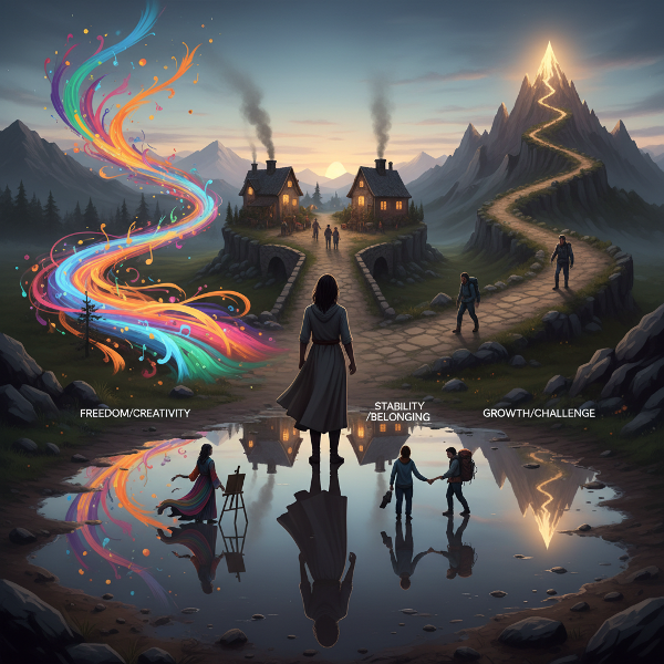 세 갈래 길과 자신의 모습을 비추는 물웅덩이 앞에 선 사람을 통해 가치관에 따른 삶의 방향을 탐색하는 개념 이미지입니다.