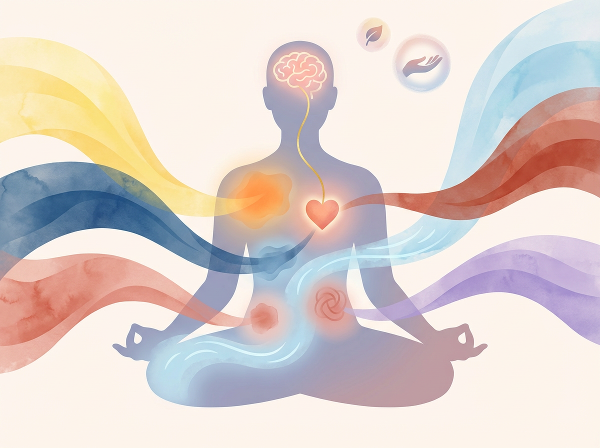 감정이 신체 감각으로 변환되는 '신체화' 과정과 균형 잡힌 심신 건강 관리를 상징적으로 표현한 이미지입니다.