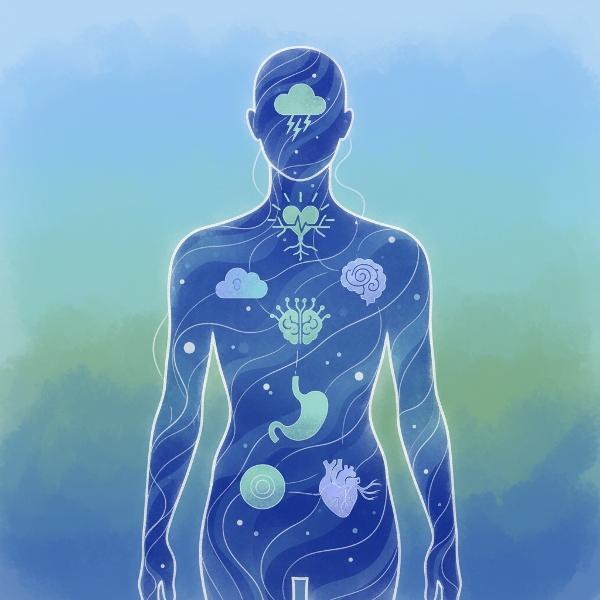 마음과 몸의 연결을 상징적으로 표현한 추상 일러스트. 인체 실루엣 안에 감정과 신체 부위를 나타내는 아이콘이 조화롭게 흐르며, 평온한 배경과 함께 심리적 상태가 신체에 미치는 영향을 은유적으로 보여줍니다.