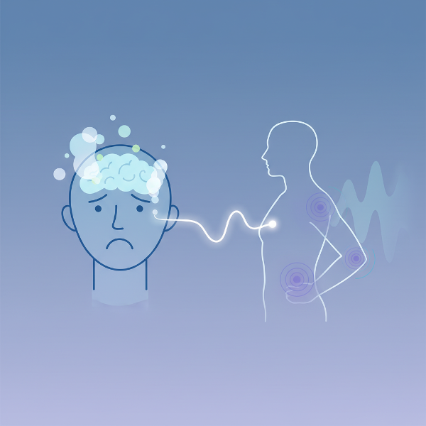 마음과 몸의 연결을 상징적으로 표현한 이미지로, 스트레스가 신체에 어떻게 나타나는지를 조용히 탐구하는 분위기를 담았습니다.