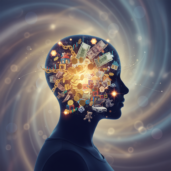 돈에 대한 내면의 심리적 관계를 상징적으로 표현한 이미지입니다. 투명한 머리 속에 흐르는 동전, 지폐, 그리고 가치와 두려움의 추상적 상징들이 담겨 있어, 금융 결정 뒤에 숨은 감정과 동기를 시각화합니다.