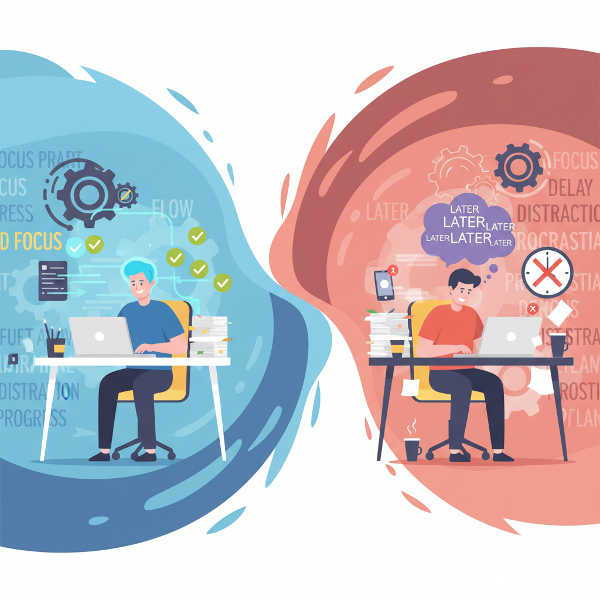 일 시작과 집중의 차이를 시각적으로 표현한 개념 이미지로, 동기 부여와 미루기의 대비를 보여줍니다.