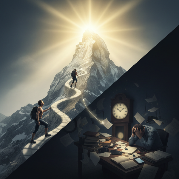 산을 오르는 사람과 산기슭에서 방해물에 둘러싸인 사람을 대비해 동기 부여의 차이를 상징적으로 표현한 이미지입니다.