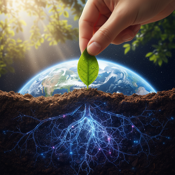 자연과 인간 정신의 연결을 상징적으로 표현한 이미지로, 손이 나뭇잎을 만지며 땅속 뿌리가 뇌 신경망으로 이어지는 모습을 담아 생태적 인식과 심리적 웰빙의 관계를 시각화했습니다.