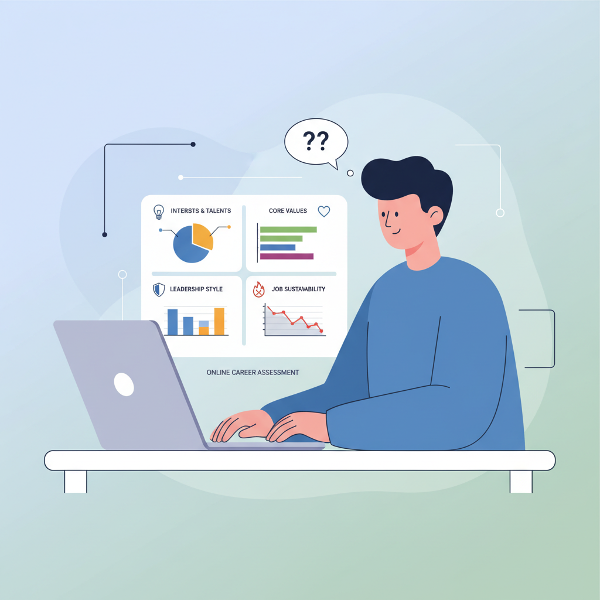 직업적 성향, 핵심 가치, 리더십 스타일, 직무 지속성을 평가하는 온라인 테스트를 설명하는 현대적인 인포그래픽 스타일의 이미지입니다.