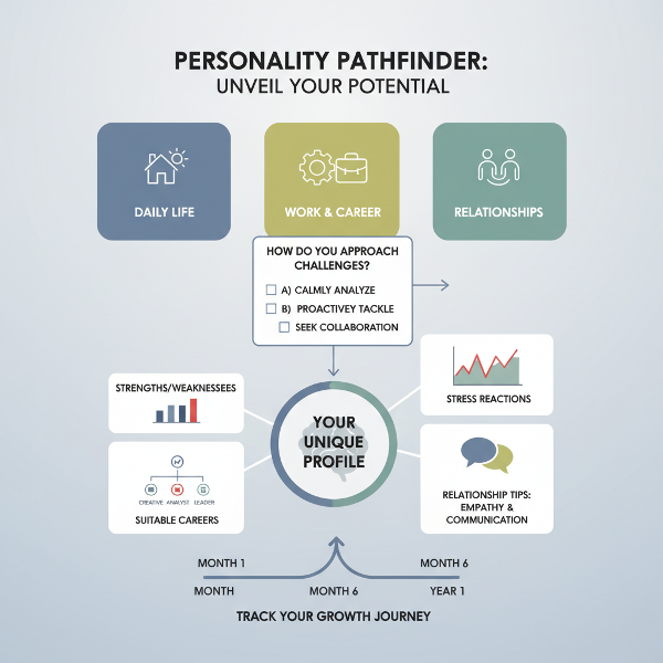 성격 테스트의 목적, 진행 방식(3지선다), 결과 분석 범주(강점/약점, 스트레스 반응, 직업, 관계 팁) 및 정기적 검사를 통한 성장 추적 개념을 보여주는 인포그래픽 스타일의 깔끔한 이미지입니다.