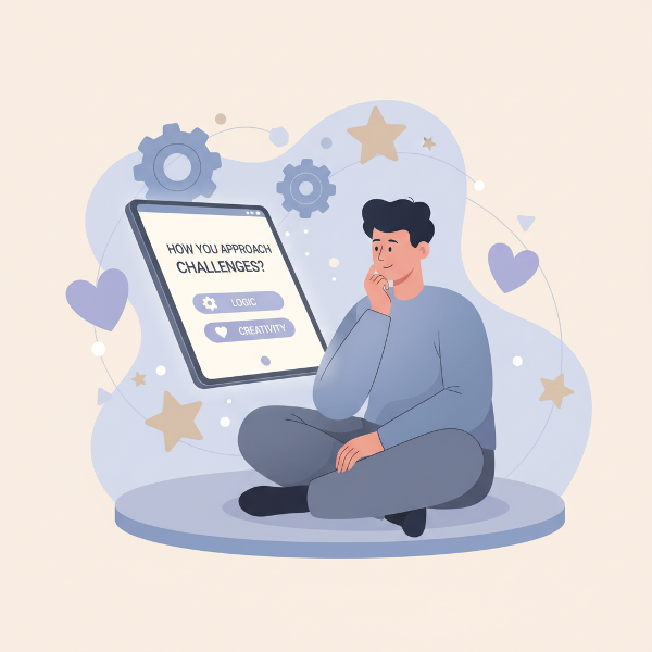 심리 테스트를 소개하는 깔끔하고 현대적인 일러스트로, 사용자가 세 가지 선택지를 보는 모습과 성격 특성을 상징하는 추상적 요소가 담겨 있습니다.