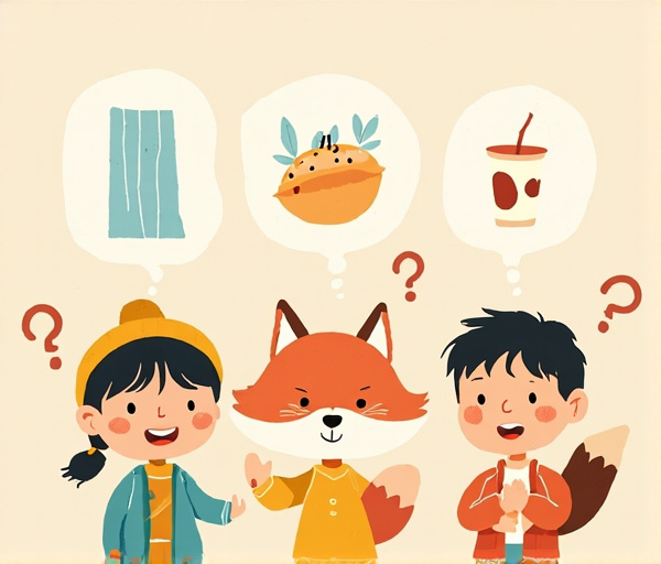 친구들이 웃으며 감정 유형을 선택하는 온라인 테스트 현장을 그린 귀여운 그림. 폭포수, 사막여우, 밀크티 세 유형의 캐릭터와 대화창, 웃는 표정 등이 함께하여 즐거운 분위기를 강조합니다.