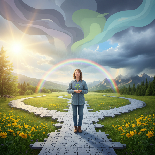 심리적 유연성과 스트레스 회복력을 상징하는 교차로에서 변화하는 풍경을 바라보는 사람의 이미지입니다.