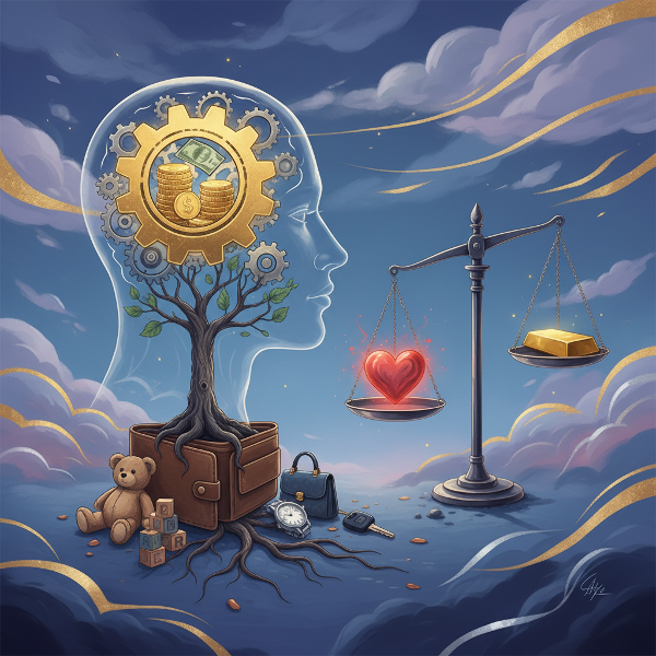 돈과 인간의 심리적 욕구, 불안, 자아상이 복잡하게 얽혀 있음을 상징적으로 표현한 초현실적이고 심리적인 일러스트레이션입니다.