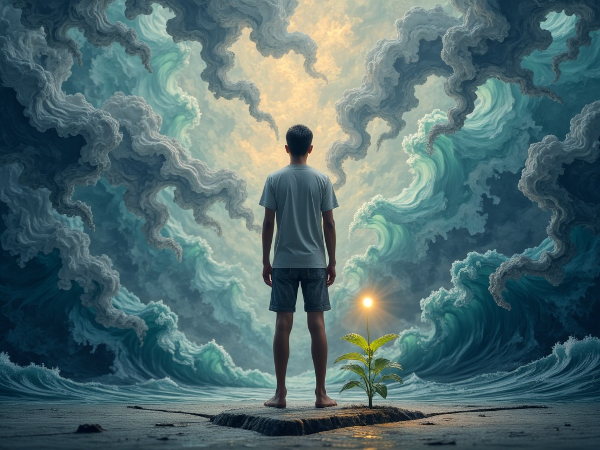 변화의 파도 속에서도 균형을 잡고 성장하는 인간의 회복탄력성을 상징적으로 표현한 이미지입니다.