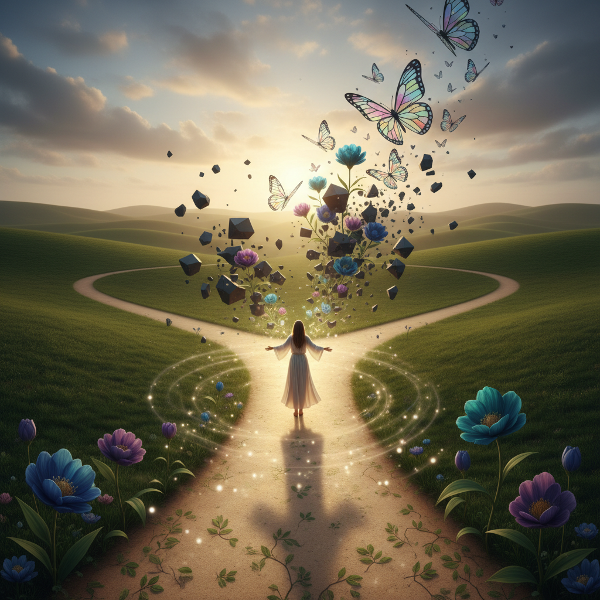 인생의 변화 속에서 심리적 유연성과 성장을 상징적으로 표현한 이미지입니다. 스트레스와 위기가 변형과 희망으로 바뀌는 과정을 보여줍니다.