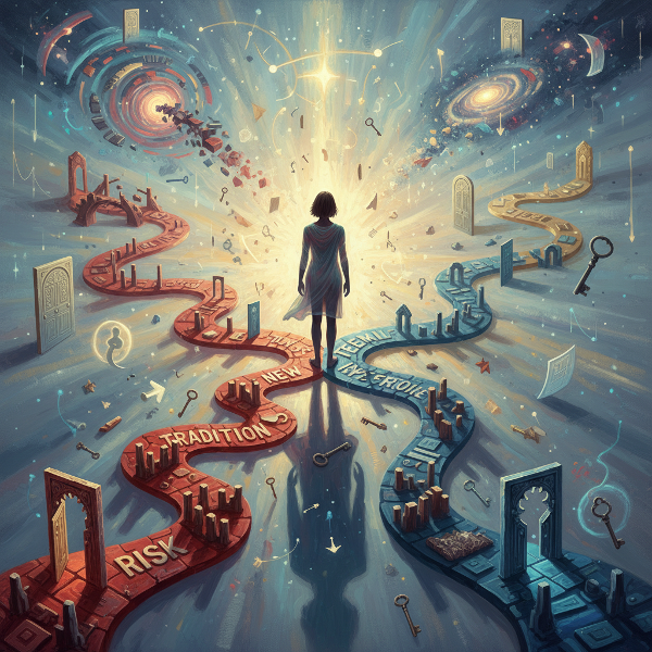 추상적인 마음 지도와 여러 갈래 길이 교차하는, 개인의 선택 패턴과 내면 가치를 상징적으로 표현한 심리적 이미지입니다.