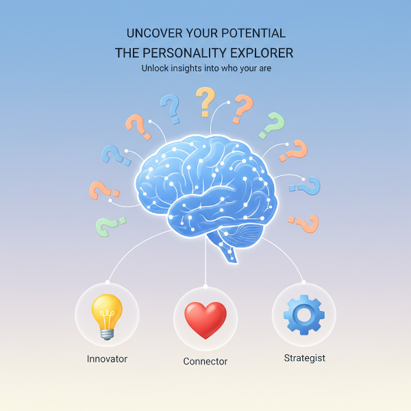 온라인 성격 테스트를 소개하는 깔끔한 인포그래픽 스타일의 이미지입니다. 과학적이고 현대적인 디자인으로 자기 이해와 성장을 상징합니다.