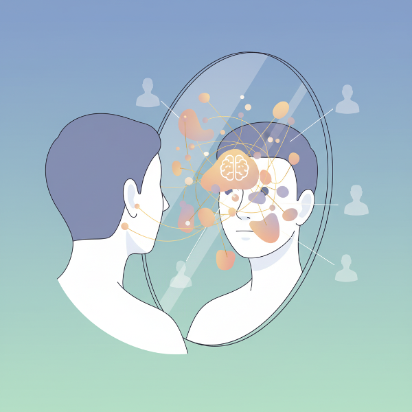 자아 인식과 대인 관계를 상징적으로 표현한 미니멀하고 개념적인 일러스트입니다.