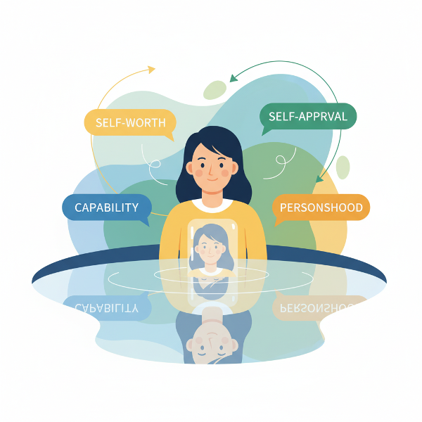 자존감 테스트를 상징하는 이미지로, 고요한 연못에 비친 자신의 모습을 통해 자기 수용과 내면의 힘을 탐구하는 평화롭고 고양되는 장면을 묘사합니다.