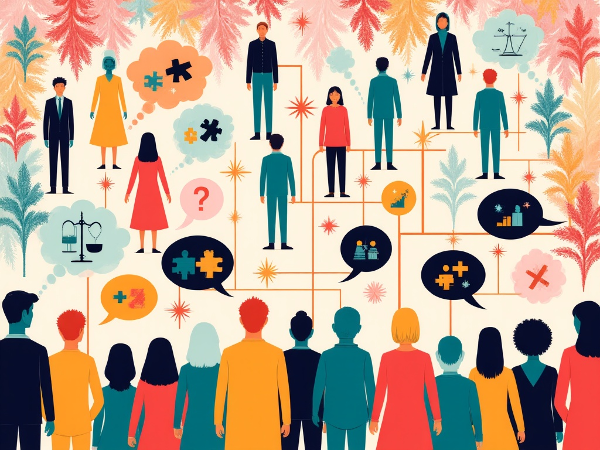 다양한 사회 집단에 대한 무의식적 태도와 관용, 동조성을 탐색하는 온라인 테스트를 상징하는 추상적이고 다채로운 일러스트레이션입니다.