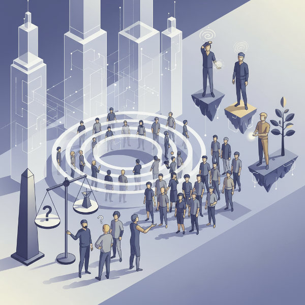 다양한 사회적 태도, 권위에 대한 반응, 집단 압력, 그리고 무의식적 편향을 상징적으로 표현한 개념적 일러스트레이션입니다.