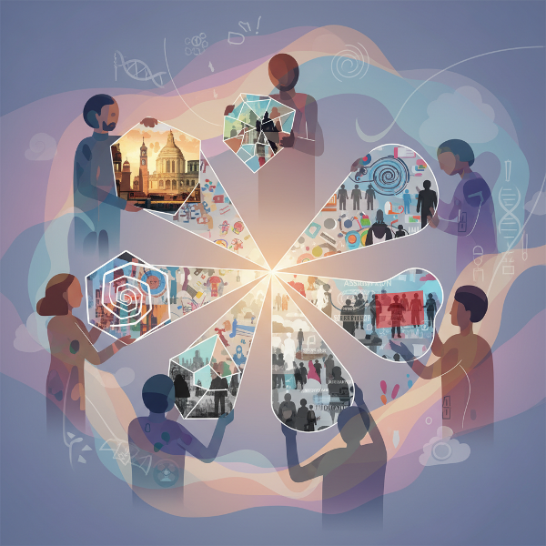 개인의 문화, 양육, 경험으로 형성된 다양한 사회적 시각을 상징적으로 표현한 개념적 이미지입니다.