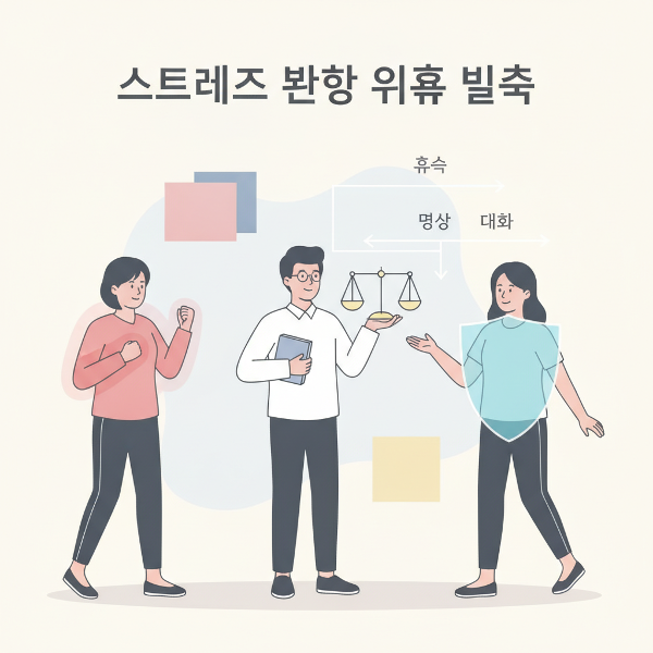 스트레스 반응 유형을 시각화한 평온한 일러스트로, 과민반응형, 합리적해결형, 회피적무시형을 각각의 캐릭터와 상징으로 표현합니다.