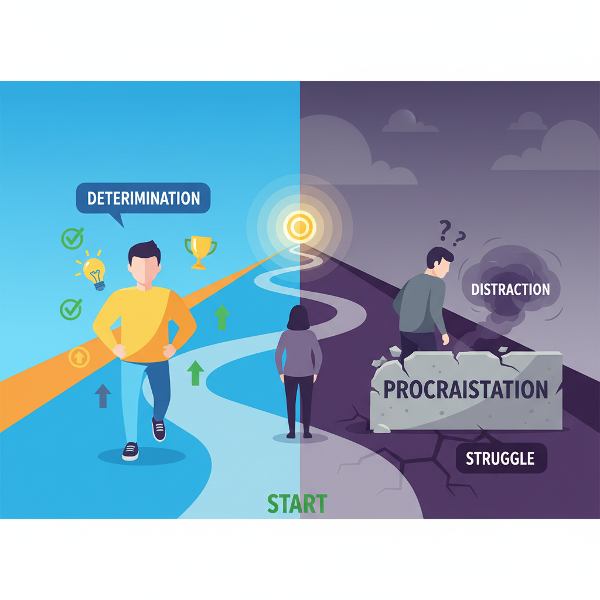 과제 완수 방식의 차이를 시각적으로 표현한 이미지로, 자신감 있게 나아가는 모습과 장애물에 막힌 모습을 대비하여 보여줍니다.