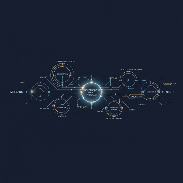 하루 일과를 무의식적 습관의 회로로 표현한 추상 이미지입니다. 반복되는 행동이 형성한 자동 경로들이 효율성과 제약을 동시에 보여주며, 더 의도적인 삶 설계의 가능성을 시각화합니다.