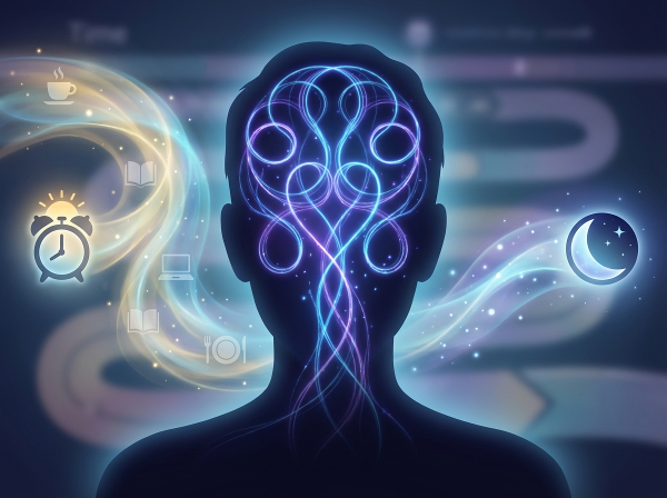 머릿속에서 반복되는 무의식적 패턴을 형상화한 이미지로, 하루의 흐름 속에서 자동화된 행동 습관을 은유적으로 표현합니다.