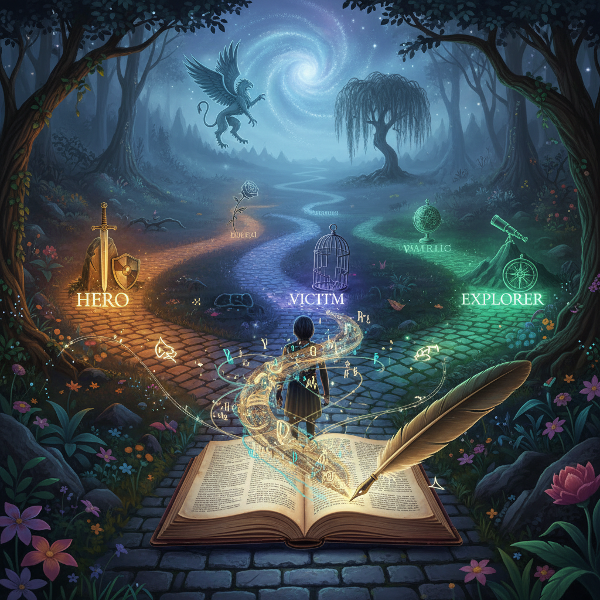 한 사람이 여러 이야기 길이 갈라지는 교차로에 서 있고, 가슴에서 펼쳐진 책에서 내러티브 패턴이 흘러나오는 상징적인 이미지입니다.