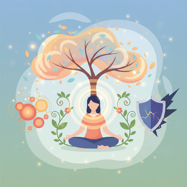 정서적 안정성, 심리적 건강, 사회적 연결, 회복탄력성을 종합적으로 살펴보는 온라인 테스트를 상징하는 이미지로, 평화롭게 명상하는 인물과 성장, 관계, 극복을 나타내는 요소들이 조화를 이루고 있습니다.