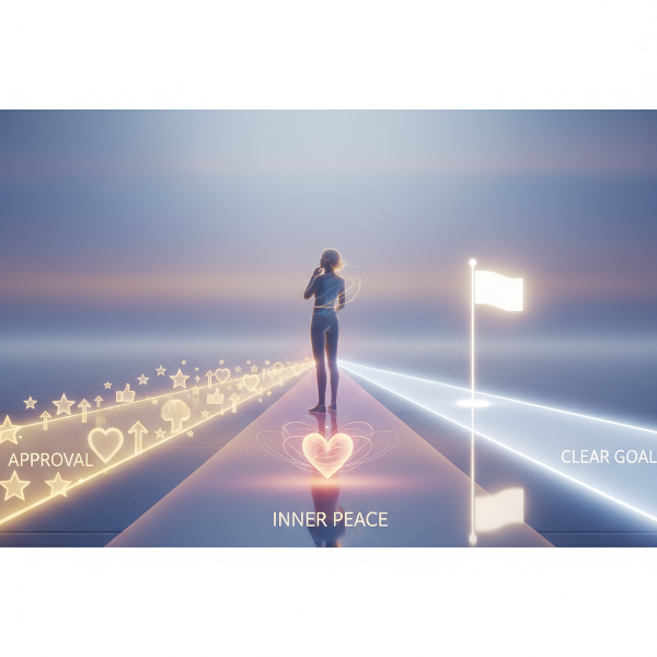 세 가지 다른 빛나는 길이 갈라지는 곳에 서서 생각에 잠긴 한 사람을 상징적으로 표현한 이미지로, 각 길은 외부 인정, 내적 만족, 명확한 목표라는 서로 다른 동기 유형을 나타냅니다.