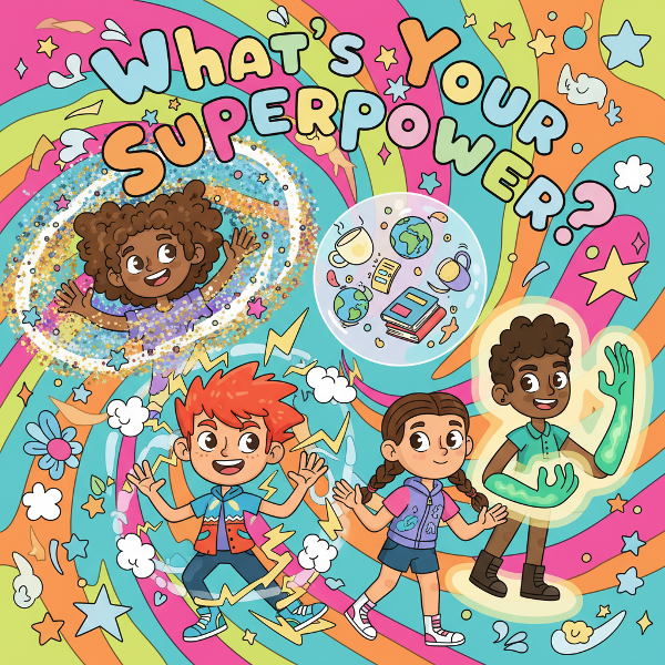 다양한 초능력 오라를 가진 캐릭터들이 즐겁게 모여 있는 생동감 있고 유쾌한 퀴즈 소개 일러스트입니다.